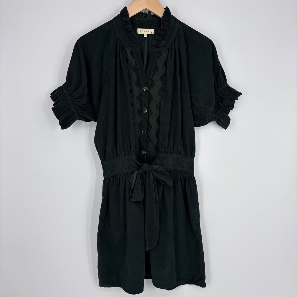 STARK X Abbey‎ Mini Dress Womens XS Green Corduroy Ruffle Puff Sleeve Boho